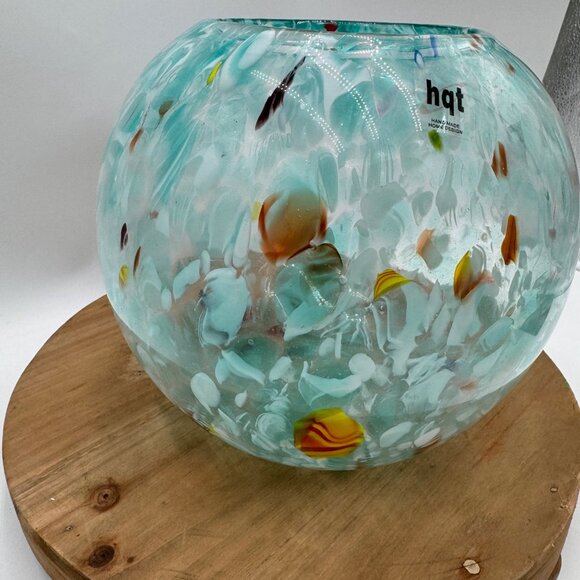 Hand Blown Glass Turquoise Aqua Blue Speckled Mixed Round home design decor Vase - Picture 4 of 10
